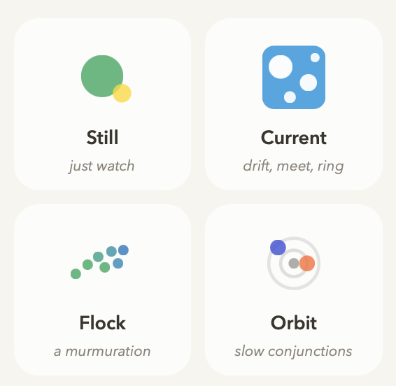 Four of Dappled's toys — Still, Current, Flock, and Orbit