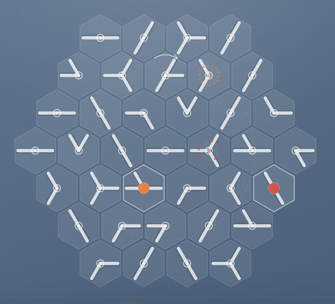 Throughline's hexagonal tile board — turn each tile to route the ball home